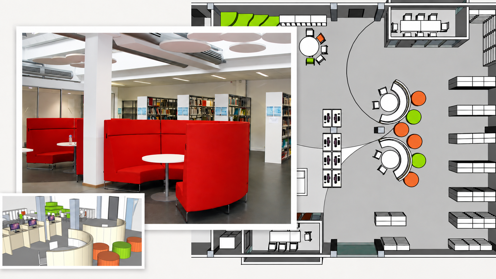 Selbstlernzentrum mit runden Sitzlandschaften und Bibliotheksbereich